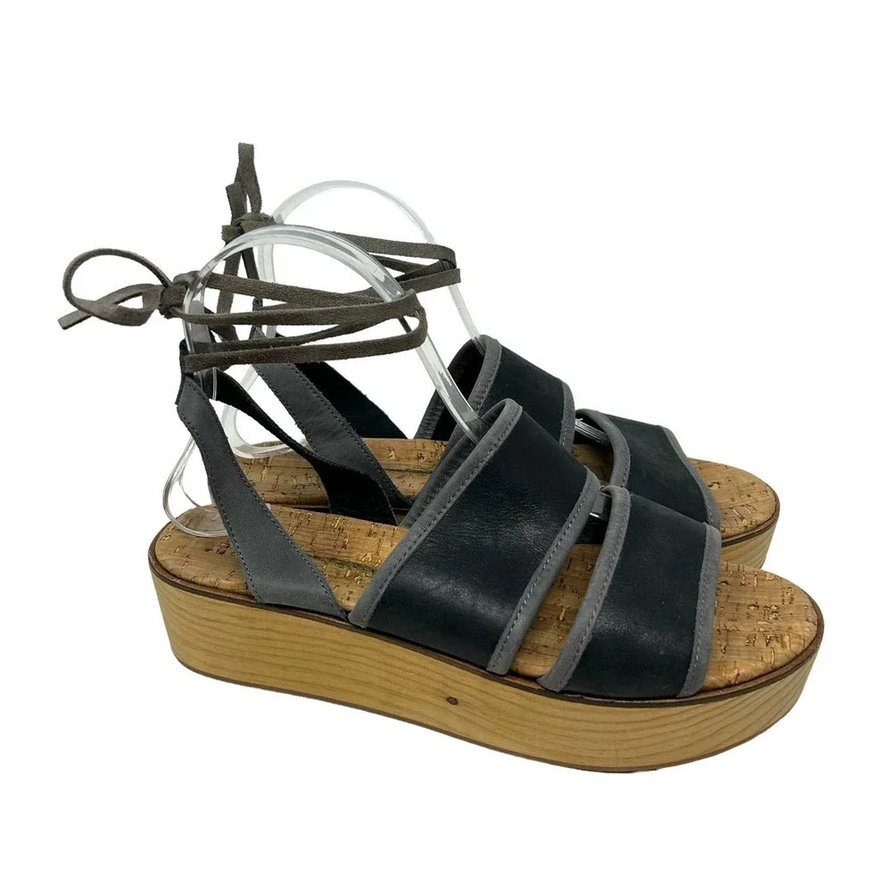 Free People Black Gray Lace-up Flatform Wood Sandals Size 39 / US 9